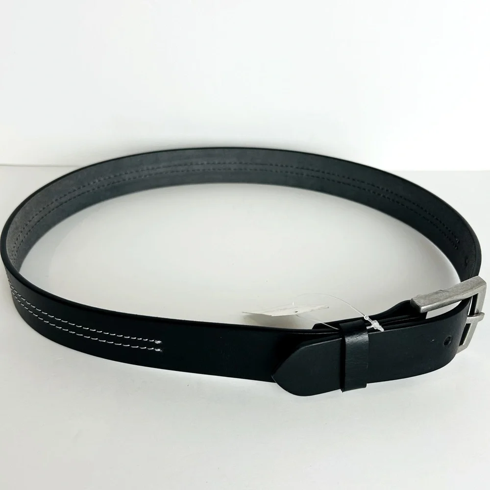 Transit Leather Belt Size 40 Black White Stitch Silver Tone Buckle Leather Jean